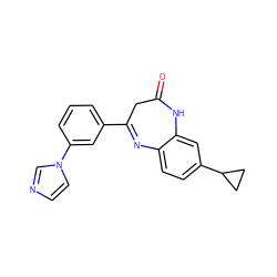 O=C1CC(c2cccc(-n3ccnc3)c2)=Nc2ccc(C3CC3)cc2N1 ZINC000101147197