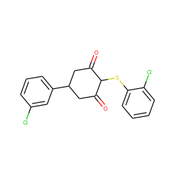 O=C1CC(c2cccc(Cl)c2)CC(=O)C1Sc1ccccc1Cl ZINC000299830022