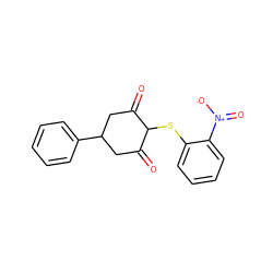 O=C1CC(c2ccccc2)CC(=O)C1Sc1ccccc1[N+](=O)[O-] ZINC000004350600