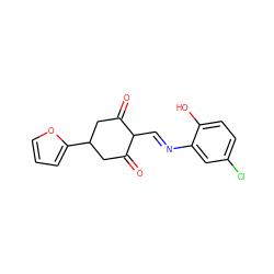 O=C1CC(c2ccco2)CC(=O)C1/C=N/c1cc(Cl)ccc1O ZINC000013719021