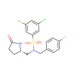 O=C1CC[C@@H](CN(Cc2ccc(F)cc2)S(=O)(=O)c2cc(Cl)cc(Cl)c2)N1 ZINC000103239954