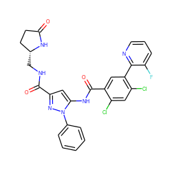 O=C1CC[C@@H](CNC(=O)c2cc(NC(=O)c3cc(-c4ncccc4F)c(Cl)cc3Cl)n(-c3ccccc3)n2)N1 ZINC001772642633