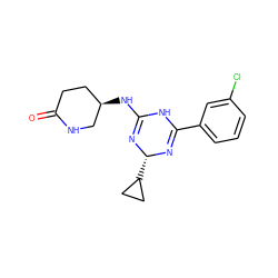 O=C1CC[C@@H](NC2=N[C@@H](C3CC3)N=C(c3cccc(Cl)c3)N2)CN1 ZINC000219560577