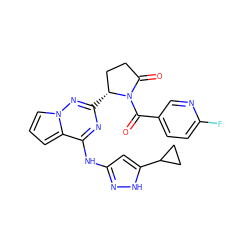 O=C1CC[C@@H](c2nc(Nc3cc(C4CC4)[nH]n3)c3cccn3n2)N1C(=O)c1ccc(F)nc1 ZINC000058468651