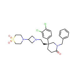 O=C1CC[C@](CCN2CC(N3CCS(=O)(=O)CC3)C2)(c2ccc(Cl)c(Cl)c2)CN1Cc1ccccc1 ZINC000027622320