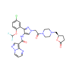 O=C1CC[C@H](CN2CCN(C(=O)Cn3cc(NC(=O)c4cnn5cccnc45)c(-c4cc(Cl)ccc4OC(F)F)n3)CC2)O1 ZINC001772578787