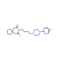 O=C1CC2(CCCC2)CC(=O)N1CCCCN1CCN(c2ncc(F)cn2)CC1 ZINC000029406420