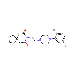 O=C1CC2(CCCC2)CC(=O)N1CCN1CCN(c2cc(Br)ccc2Br)CC1 ZINC000013560138