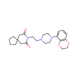 O=C1CC2(CCCC2)CC(=O)N1CCN1CCN(c2cccc3c2OCCO3)CC1 ZINC000013743932