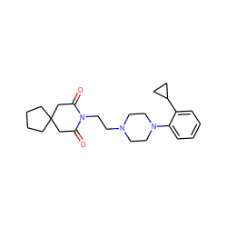 O=C1CC2(CCCC2)CC(=O)N1CCN1CCN(c2ccccc2C2CC2)CC1 ZINC000013560126