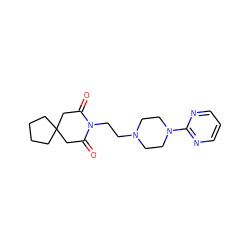 O=C1CC2(CCCC2)CC(=O)N1CCN1CCN(c2ncccn2)CC1 ZINC000028763541