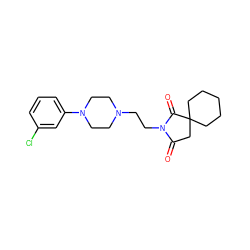 O=C1CC2(CCCCC2)C(=O)N1CCN1CCN(c2cccc(Cl)c2)CC1 ZINC000040406156