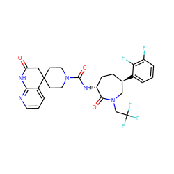 O=C1CC2(CCN(C(=O)N[C@@H]3CC[C@@H](c4cccc(F)c4F)CN(CC(F)(F)F)C3=O)CC2)c2cccnc2N1 ZINC000049694557