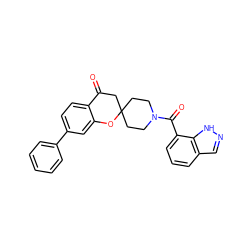 O=C1CC2(CCN(C(=O)c3cccc4cn[nH]c34)CC2)Oc2cc(-c3ccccc3)ccc21 ZINC000049112816