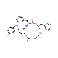 O=C1CCC(=O)N[C@@H](C[C@@H]2CNc3ccc(F)cc32)C(=O)N[C@@H](Cc2ccccc2)C(=O)N[C@H](Cc2ccccc2)CN1 ZINC000027087183