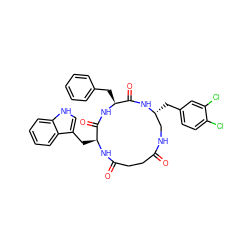 O=C1CCC(=O)N[C@@H](Cc2c[nH]c3ccccc23)C(=O)N[C@@H](Cc2ccccc2)C(=O)N[C@H](Cc2ccc(Cl)c(Cl)c2)CN1 ZINC000027087177