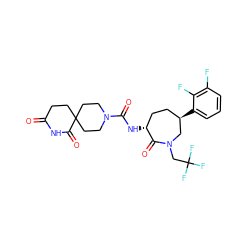 O=C1CCC2(CCN(C(=O)N[C@@H]3CC[C@@H](c4cccc(F)c4F)CN(CC(F)(F)F)C3=O)CC2)C(=O)N1 ZINC000049694912