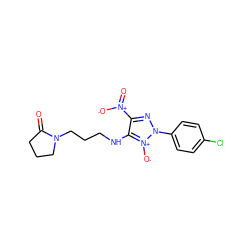 O=C1CCCN1CCCNc1c([N+](=O)[O-])nn(-c2ccc(Cl)cc2)[n+]1[O-] ZINC000004806204