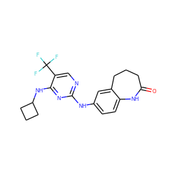 O=C1CCCc2cc(Nc3ncc(C(F)(F)F)c(NC4CCC4)n3)ccc2N1 ZINC000045498534