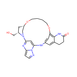 O=C1CCc2cc3cc(c2N1)OCCCCO[C@H]1C[C@@H](CO)N(C1)c1cc(n2nccc2n1)N3 ZINC001772598557