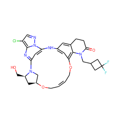 O=C1CCc2cc3cc(c2N1CC1CC(F)(F)C1)OC/C=C/CO[C@H]1C[C@@H](CO)N(C1)c1cc(n2ncc(Cl)c2n1)N3 ZINC001772605437