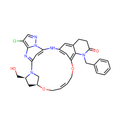 O=C1CCc2cc3cc(c2N1Cc1ccccc1)OC/C=C/CO[C@H]1C[C@@H](CO)N(C1)c1cc(n2ncc(Cl)c2n1)N3 ZINC001772627271