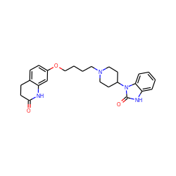 O=C1CCc2ccc(OCCCCN3CCC(n4c(=O)[nH]c5ccccc54)CC3)cc2N1 ZINC000072112336