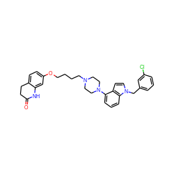 O=C1CCc2ccc(OCCCCN3CCN(c4cccc5c4ccn5Cc4cccc(Cl)c4)CC3)cc2N1 ZINC000148685463