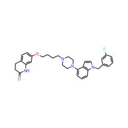 O=C1CCc2ccc(OCCCCN3CCN(c4cccc5c4ccn5Cc4cccc(F)c4)CC3)cc2N1 ZINC000148674071