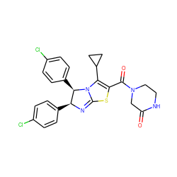 O=C1CN(C(=O)C2=C(C3CC3)N3C(=N[C@@H](c4ccc(Cl)cc4)[C@H]3c3ccc(Cl)cc3)S2)CCN1 ZINC000088344453