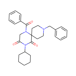 O=C1CN(C(=O)c2ccccc2)C2(CCN(Cc3ccccc3)CC2)C(=O)N1C1CCCCC1 ZINC000653886888