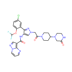 O=C1CN(C2CCN(C(=O)Cn3cc(NC(=O)c4cnn5cccnc45)c(-c4cc(Cl)ccc4OC(F)F)n3)CC2)CCN1 ZINC001772599647