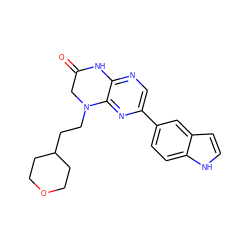 O=C1CN(CCC2CCOCC2)c2nc(-c3ccc4[nH]ccc4c3)cnc2N1 ZINC000113191523