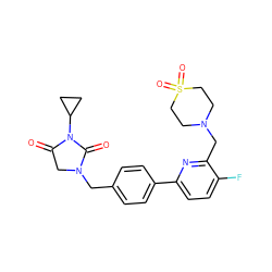 O=C1CN(Cc2ccc(-c3ccc(F)c(CN4CCS(=O)(=O)CC4)n3)cc2)C(=O)N1C1CC1 ZINC000072124806