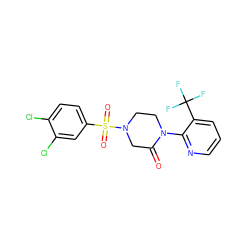 O=C1CN(S(=O)(=O)c2ccc(Cl)c(Cl)c2)CCN1c1ncccc1C(F)(F)F ZINC000040934466