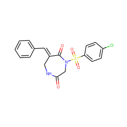 O=C1CN(S(=O)(=O)c2ccc(Cl)cc2)C(=O)/C(=C/c2ccccc2)CN1 ZINC000028894202