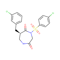 O=C1CN(S(=O)(=O)c2ccc(Cl)cc2)C(=O)[C@H](Cc2cccc(Cl)c2)CN1 ZINC000028894255