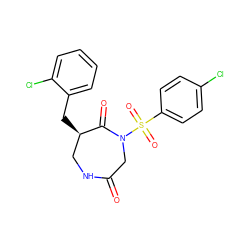 O=C1CN(S(=O)(=O)c2ccc(Cl)cc2)C(=O)[C@H](Cc2ccccc2Cl)CN1 ZINC000028894266