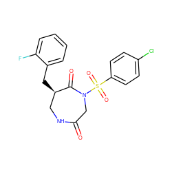 O=C1CN(S(=O)(=O)c2ccc(Cl)cc2)C(=O)[C@H](Cc2ccccc2F)CN1 ZINC000028894275