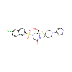 O=C1CN(S(=O)(=O)c2ccc3cc(Cl)ccc3c2)C[C@@]2(CO)SC3(CCN(c4ccncc4)CC3)CN12 ZINC000060248531