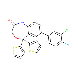 O=C1COC(c2cccs2)(c2cccs2)c2cc(-c3ccc(F)c(Cl)c3)ccc2N1 ZINC000042878608