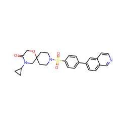 O=C1COC2(CCN(S(=O)(=O)c3ccc(-c4ccc5cnccc5c4)cc3)CC2)CN1C1CC1 ZINC000095558288