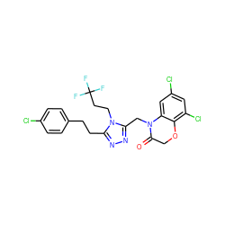 O=C1COc2c(Cl)cc(Cl)cc2N1Cc1nnc(CCc2ccc(Cl)cc2)n1CCC(F)(F)F ZINC000071330798