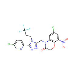 O=C1COc2c(cc(Cl)cc2[N+](=O)[O-])N1Cc1nnc(-c2ccc(Cl)cn2)n1CCC(F)(F)F ZINC000071340678