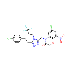 O=C1COc2c(cc(Cl)cc2[N+](=O)[O-])N1Cc1nnc(CCc2ccc(Cl)cc2)n1CCC(F)(F)F ZINC000071340872