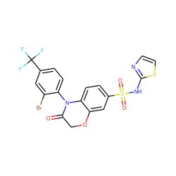 O=C1COc2cc(S(=O)(=O)Nc3nccs3)ccc2N1c1ccc(C(F)(F)F)cc1Br ZINC000220240167