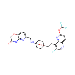 O=C1COc2ccc(CNC34CCC(CCc5c(F)cnc6ccc(OC(F)F)nc56)(CC3)OC4)nc2N1 ZINC000149190017