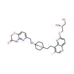 O=C1COc2ccc(CNC34CCC(CCc5c(F)cnc6ccc(OC[C@H](O)CO)nc56)(CC3)OC4)nc2N1 ZINC000473107389
