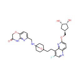O=C1COc2ccc(CNC34CCC(CCc5c(F)cnc6ccc(OC[C@H]7C[C@H](O)[C@H](O)C7)nc56)(CC3)OC4)nc2N1 ZINC000473107634