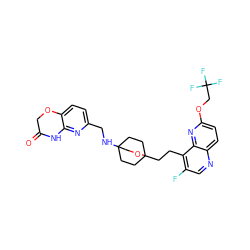 O=C1COc2ccc(CNC34CCC(CCc5c(F)cnc6ccc(OCC(F)(F)F)nc56)(CC3)OC4)nc2N1 ZINC000473098218